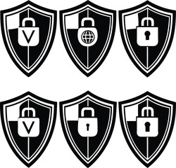 Poster - Six black and white shield icons featuring padlock variations for security and protection