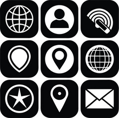 Poster - Collection of nine essential contact and location icons in black and white