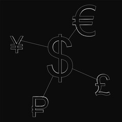 Poster - The image is a black and white drawing of a dollar sign with other currencies surrounding it. The drawing gives the impression of a financial graph or chart