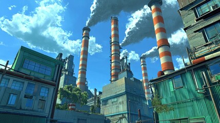 Poster - A bold and vibrant industrial scene with towering chimneys, smoke rising into the sky, and modern energy processing buildings