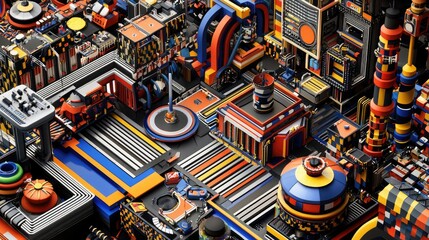 Poster - A bold, visually appealing 3D representation of an automated factory, combining geometric forms, vivid colors, and abstract industrial design