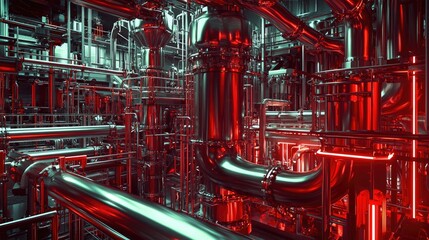 Poster - A bold, visually appealing 3D representation of an automated factory, combining geometric forms, vivid colors, and abstract industrial design