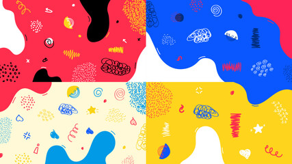 Fototapete - Vector illustration. Colorful childish background. Hand drawn memphis pattern doodle shapes and lines. Trendy abstract colorful style. Design elements for horizontal web banner, presentation template