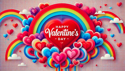 Poster - Colorful heart design with rainbows and clouds for Valentine's Day celebration
