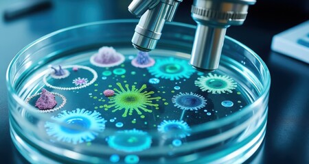 Poster - Close-Up Microscopic View of Dish with Microorganisms and Structures