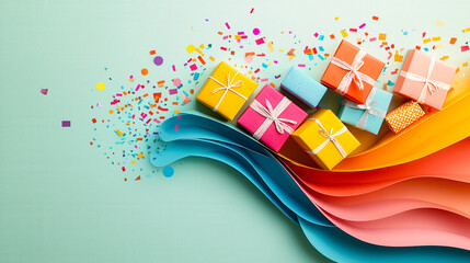 Poster - Brightly wrapped gift boxes are arranged with colorful confetti, creating a joyful ambiance for celebrations or special occasions