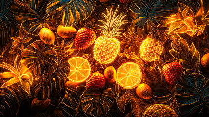 Poster - A colorful display of tropical fruits including pineapple, strawberries, and citrus on vibrant green foliage, illuminated in warm tones