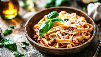 Poster - A bowl of pasta is served with fresh basil leaves, cheese, and a rich sauce, resting on a rustic wooden surface