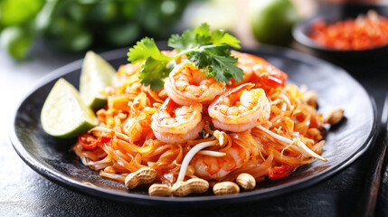 Poster - A vibrant dish of shrimp pad thai features noodles, fresh cilantro, lime wedges, and sprinkled peanuts, perfect for a flavorful meal