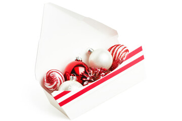 Poster - Delicate red and silver ornaments arranged neatly in a bright white box, capturing the spirit of Christmas festivities