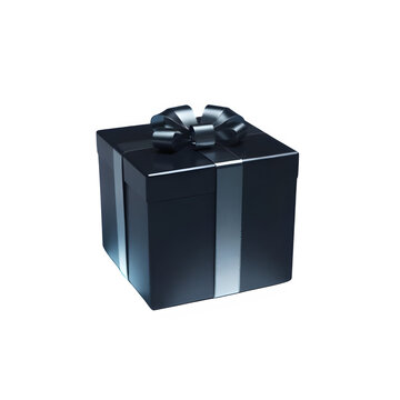 3D rendered black gift box with shiny ribbon, intense lighting, deep shadows, elegant design, isolated transparent background PNG, modern high-detail packaging concept

