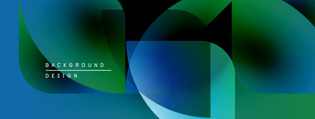 Poster - Abstract geometric shapes overlap, creating vibrant blue, green gradients. Modern design elements suggest fluidity, dynamism.