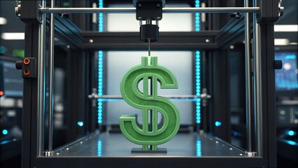 Poster - Modern 3D Printer Creating Symbol of Currency with Growing Technology