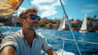© vladrad - Happy mature bearded man with sunglasses taking selfie on sailing yacht at sea, joyful retirement vacation concept for summer leisure and maritime lifestyle advertising