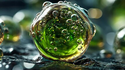 Poster - Abstract representation of green molecular clusters connected by transparent, web-like strands, suspended in a dark scientific background