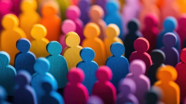 A lively crowd of colorful wooden figures represents community and diversity, each unique yet together, set against a gradient of warm colors illustrating vibrancy and life.