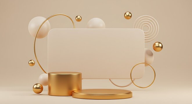 Elegant Gold and Beige 3D Abstract Background with Geometric Shapes and Podium