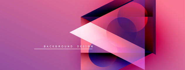 Fototapete - Abstract geometric composition. Pink, purple gradients dominate design. Overlapping shapes create depth, modern aesthetic. Text reads background design.