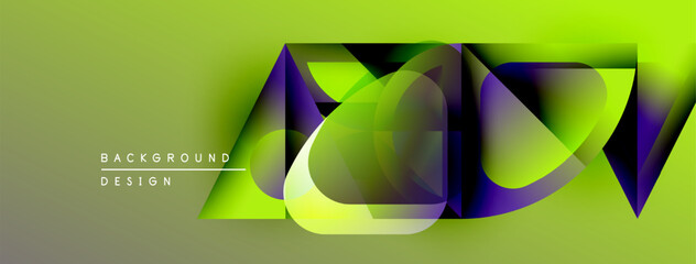 Fototapete - Abstract geometric shapes overlap, creating vibrant color gradients. Lime green dominates background, purple accents present. Modern design element.