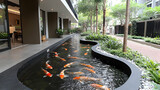 Serene koi pond nestled in modern building's landscaped courtyard.  Luxury apartment complex with calming water feature.