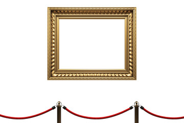 Poster - Ornate gold frame mockup on clean white background with red velvet ropes, representing classic art gallery or museum exhibition display. 3D Rendering