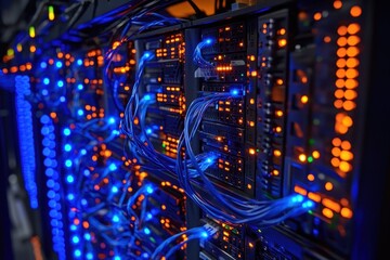 Poster - Server racks with blue cables and flashing orange, green, and blue lights. Use for tech, networking, data, hosting, and server infrastructure concepts.