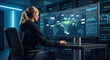 © Desainer - A female cybersecurity expert monitors global network activity on a large curved monitor within a server room.