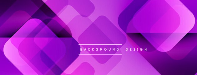 Poster - Abstract purple design features overlapping squares, rectangles, rounded shapes. Gradient creates dynamic visual effect. Text reads background design.