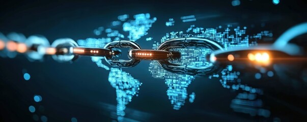 Poster - A digital chain links across a glowing world map, symbolizing blockchain technology and global connectivity in a futuristic, cyber environment.