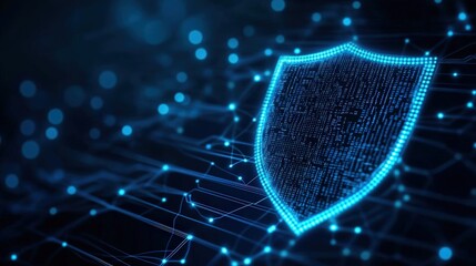 Poster - A digital shield symbolizing cybersecurity, glowing in blue with a network of connected data points and lines in a dark background.
