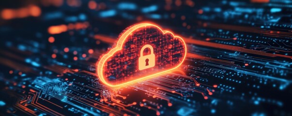 Poster - A glowing cloud icon with a lock symbol represents secure cloud computing and data protection in a digital environment.