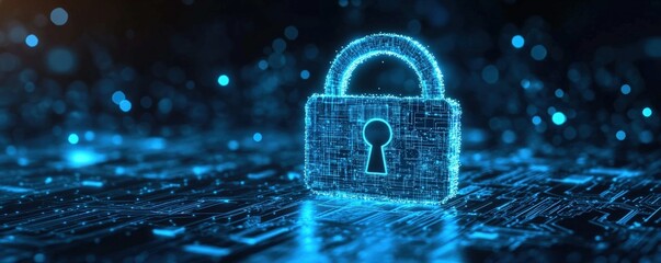 Poster - A glowing digital padlock symbolizes cybersecurity and data protection in a high-tech, futuristic environment.