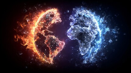 Wall Mural - a striking picture depicts the earth trapped between flames and frost, representing the severe conse