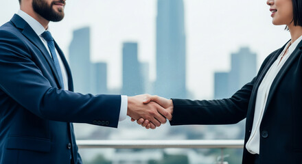 Poster - close-up of businesspeople shaking hands, city backdrop. represents partnership, agreement, success,