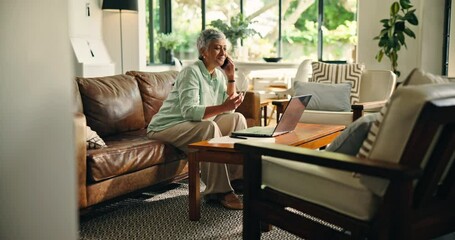 Poster - Mature woman, phone call and remote work from home with conversation, smile or contact in morning. Person, virtual assistant and smartphone by PC for discussion, happy and communication at house