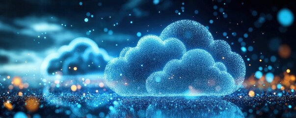 Poster - Digital illustration of glowing cloud icons made of interconnected particles, representing cloud computing and futuristic technology in a vibrant, abstract environment.