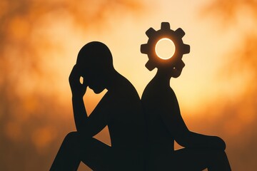 Poster - Silhouette of Two Figures Facing Away with Gear Symbolizing Conflict in Thought at Sunset