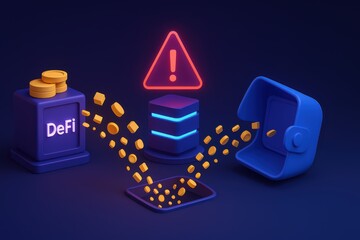 Poster - Conceptual Illustration of Decentralized Finance and Digital Asset Transactions with Warning Sign
