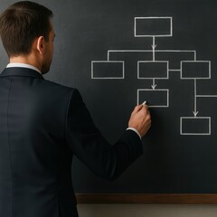 Poster - Business Professional Creating Flowchart on Chalkboard for Strategic Planning Session