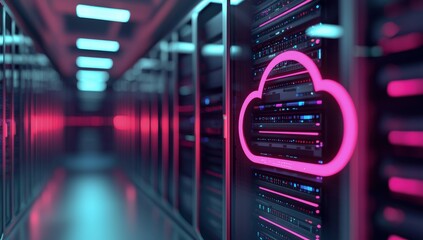 Fototapete - Glowing pink cloud icon on modern server racks in a neon-lit corridor representing cloud infrastructure, secure data systems, and digital networking for technology platforms and services
