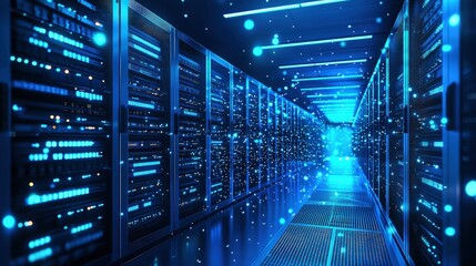 Fototapete - Blue-lit server room with glowing data lights and floating digital particles illustrating futuristic data center infrastructure, network technology, and modern IT storage systems