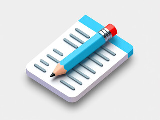Poster - 3D Render of a Blue Pencil on a White Notepad for Note Taking and Writing