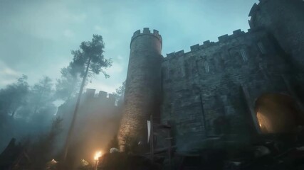 Wall Mural - fog slowly dissipates, revealing a medieval castle illuminated by torches in a dark forest at night,