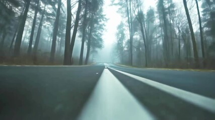 Wall Mural - dense fog shrouding towering trees bordering paved roadway, vehicle navigating through misty woodlan