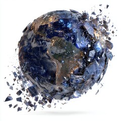 Poster - A shattered Earth globe is showcased in a conceptual image, generated by AI, to represent global chaos or catastrophe, and may be applied to campaigns concerning natural disasters, climate change, or