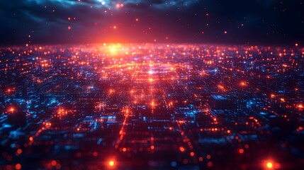 Poster - Aerial view of a vast futuristic cityscape at night with high density urban centers illuminated by a dazzling network of neon lights resembling a living neural network across the globe