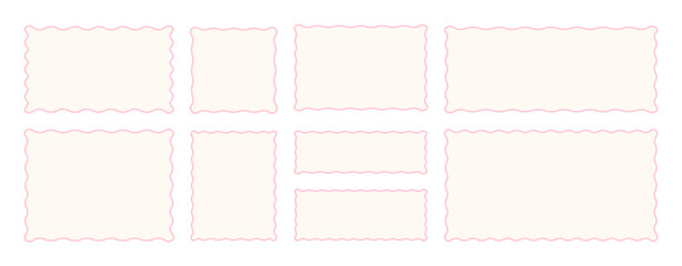 Poster - Set of pink wavy rectangular stamp borders with corrugated edges. Aesthetic pastel doodle frame textbox collection.