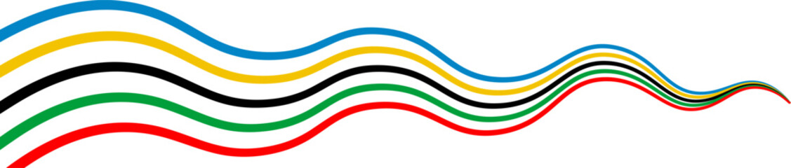 Poster - Flowing curved lines in red, green, black, yellow, and blue forming a dynamic wave pattern, symbolizing unity, movement, and international spirit
