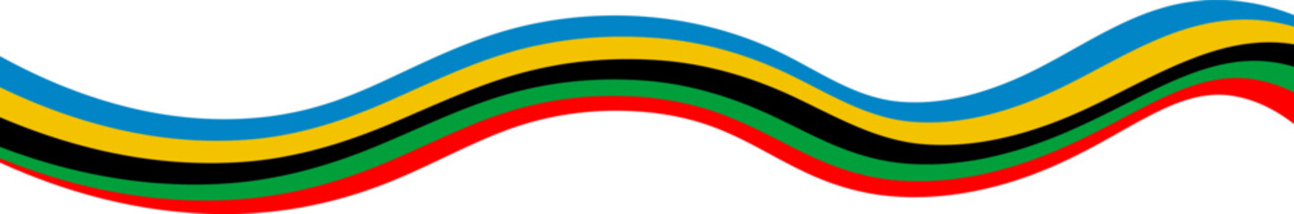 Poster - Bold wave-like layered stripes in blue, yellow, black, green, and red forming a smooth, dynamic pattern symbolizing energy, unity, and motion