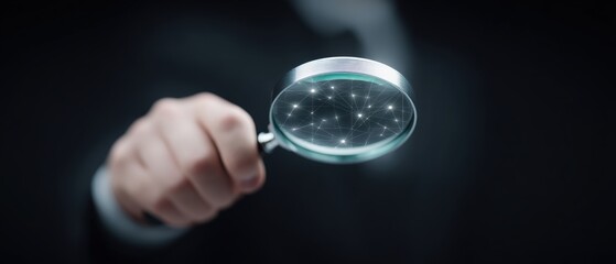 Poster - Investigating the cosmos expert hand with magnifying glass space exploration scientific analysis studio environment close-up perspective